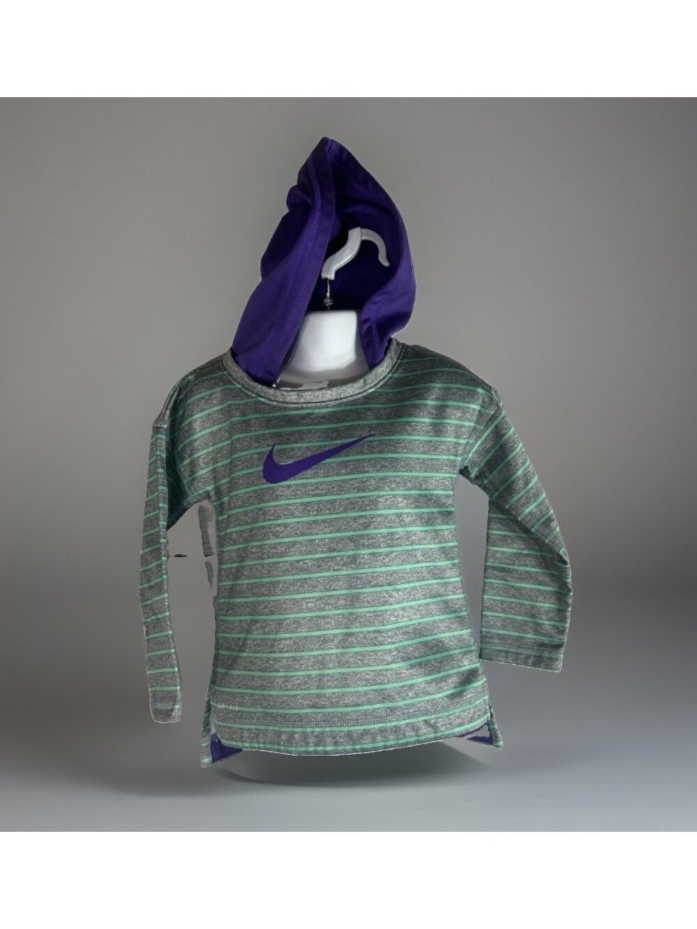 Girls Nike Dri fit Hoodie Size 3T Green Stripe with Purple Hood Swoosh Graphic